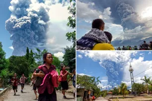 Gunung Lewotobi di Indonesia memuntahkan semburan abu panas setinggi 26.000 kaki dalam pemandangan yang tak nyata: foto-foto